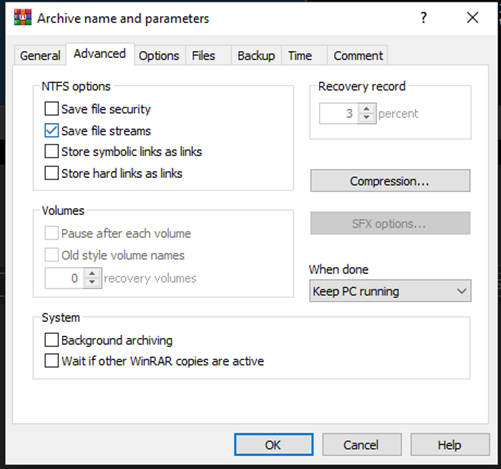WinRAR Advanced Tab